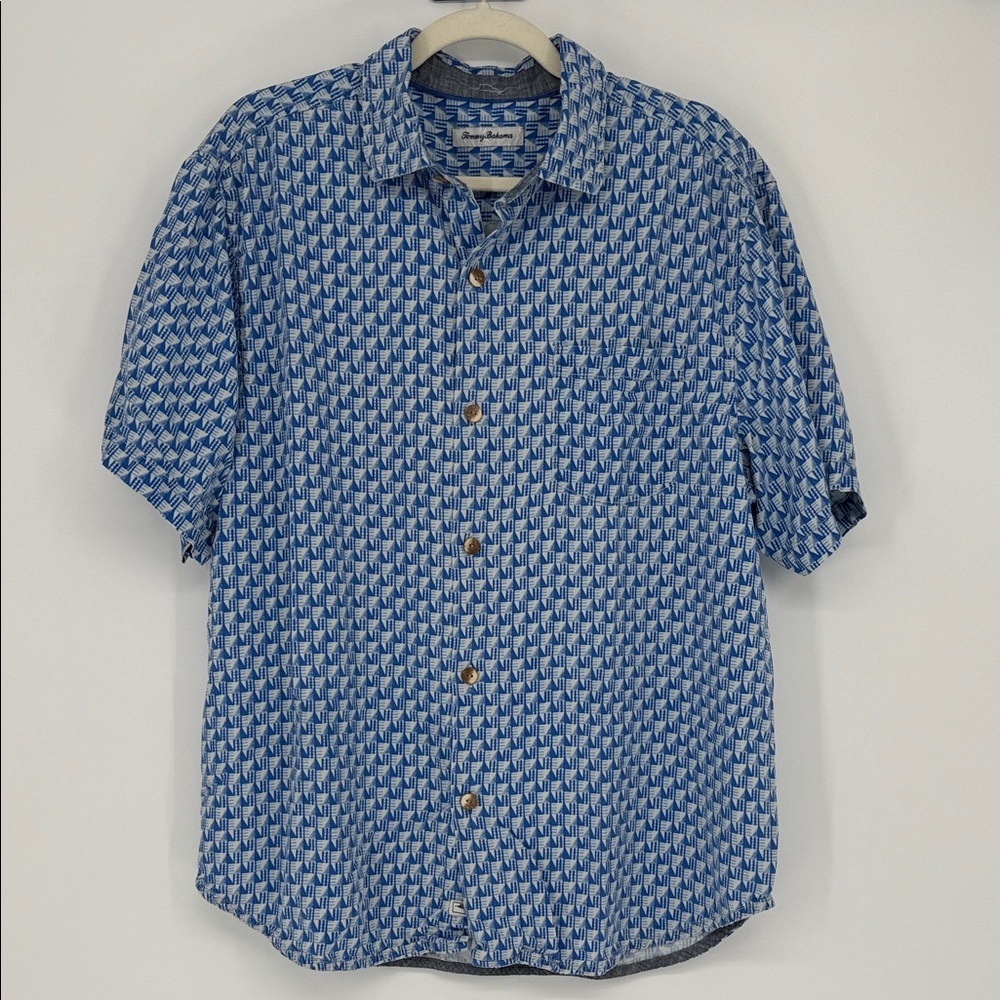 Tommy Bahama 100% Silk Button Down Shirt Men’s Large Blue Geometric Print